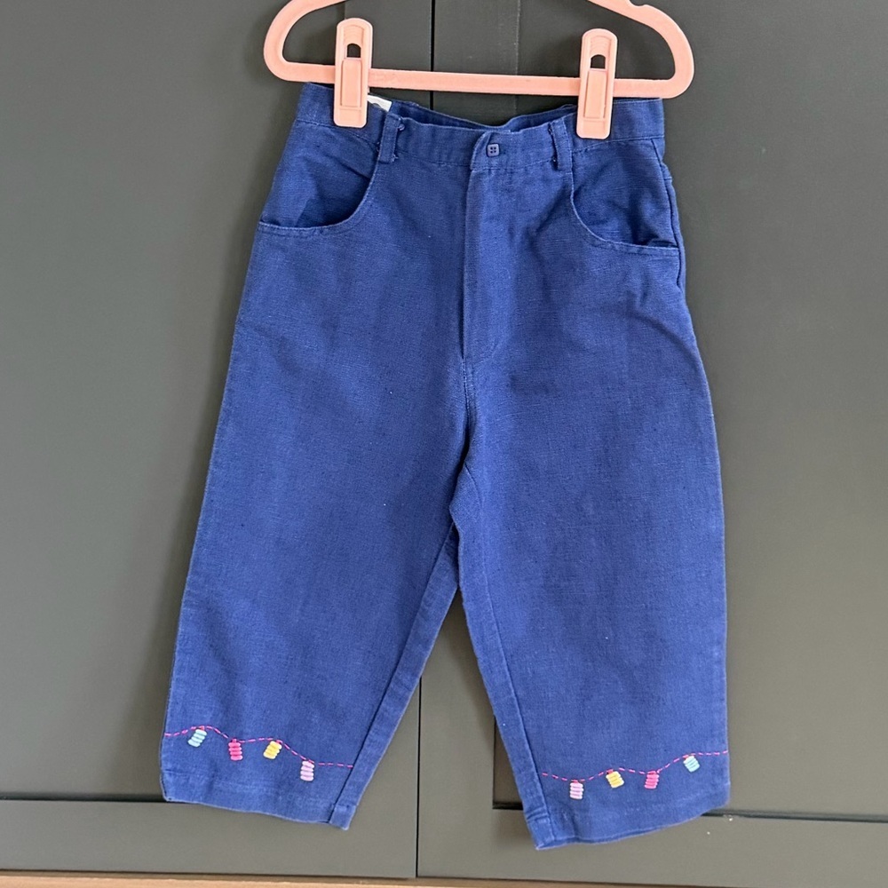 Jacadi Paris | Blue Linen Crop Pants with Embroidered Detail | 6